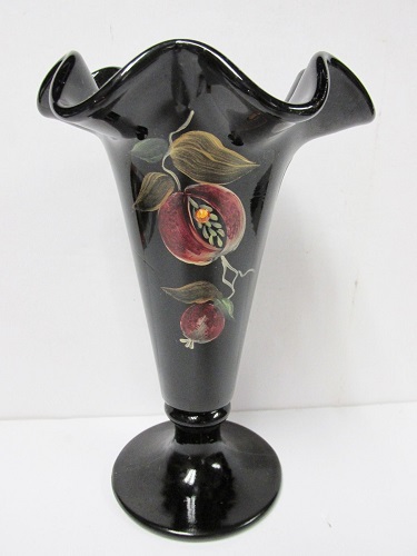 5983YM - 7\" Trumpet Vase \"Pomegranates\" on Black Art Glass